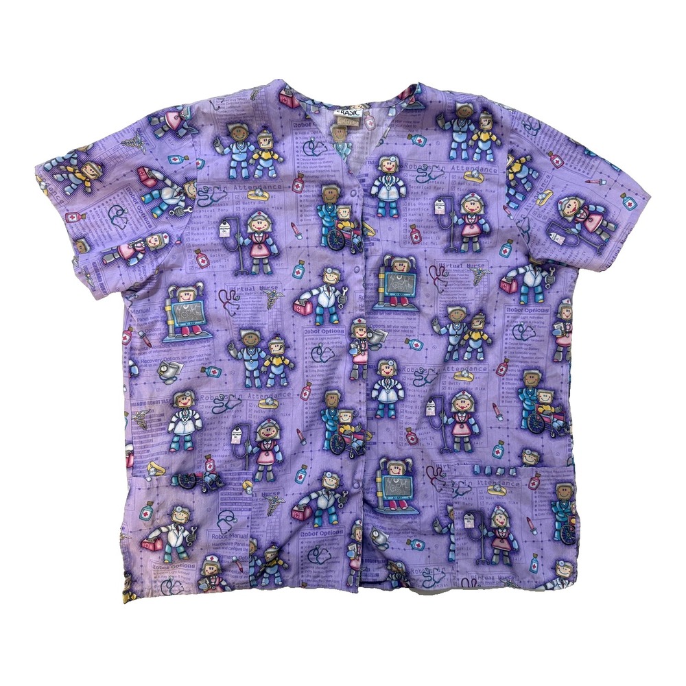 Simply Basic Scrub Top‎ Women 2XL Purple Medical Robot Print V-Neck Pockets